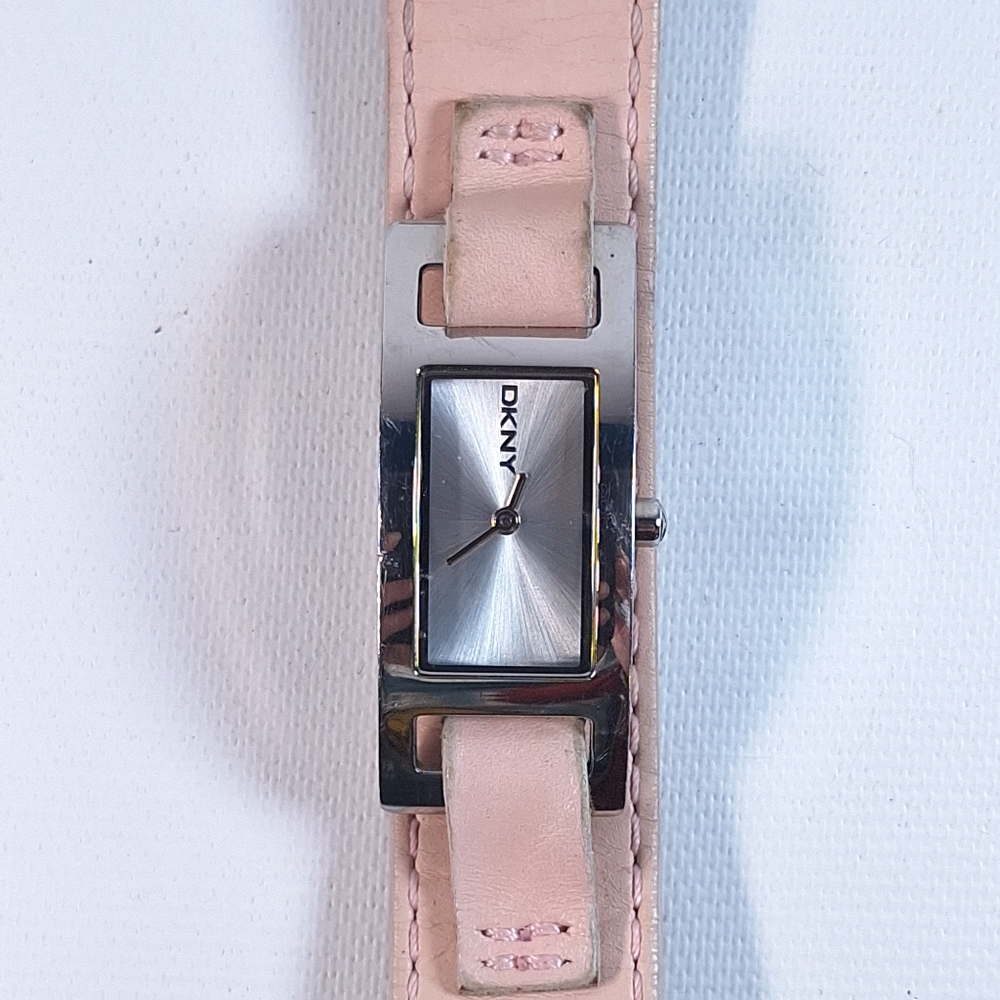DKNY Silver Tone Rectangle Dial Pink Leather Band Ladies Watch, New Battery